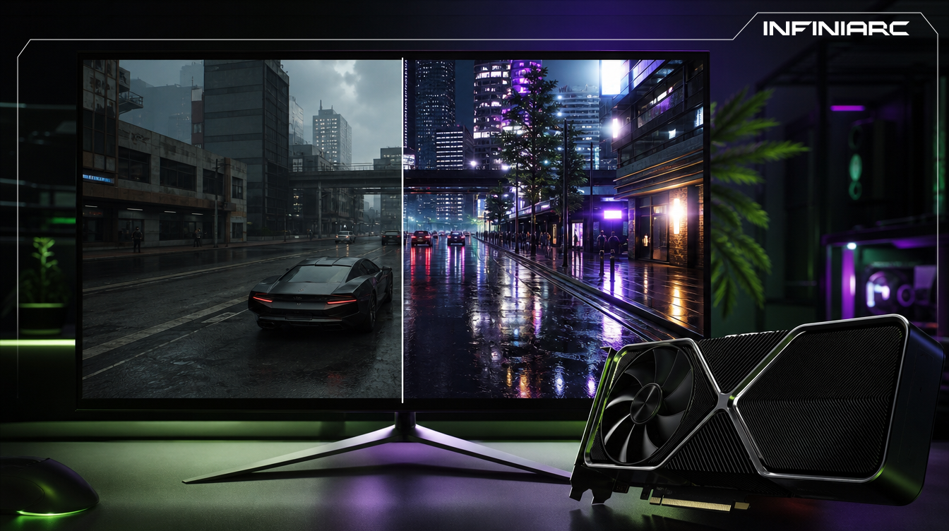Comparison of game graphics with NVIDIA Ray Tracing enabled, showing lifelike lighting, detailed reflections, and enhanced visual realism. Comparison of game graphics with NVIDIA Ray Tracing enabled, showing lifelike lighting, detailed reflections, and enhanced visual realism.