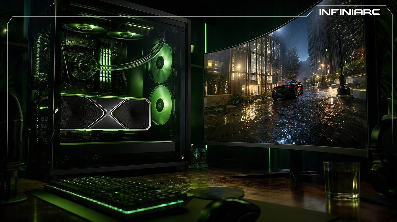 GeForce RTX graphics card powering NVIDIA Ray Tracing and DLSS for immersive gaming performance and high-quality visuals. GeForce RTX graphics card powering NVIDIA Ray Tracing and DLSS for immersive gaming performance and high-quality visuals.