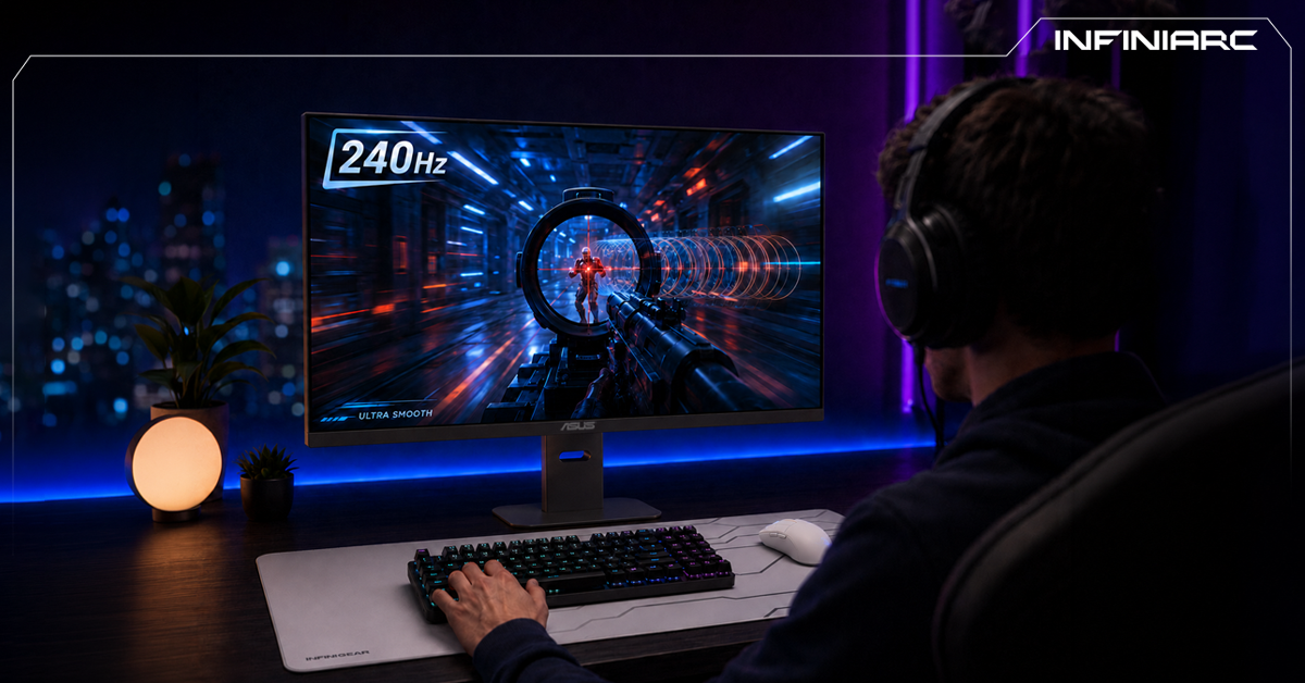 Gaming monitor illustrating the benefits of a 144Hz refresh rate over 60Hz for fast-paced games.