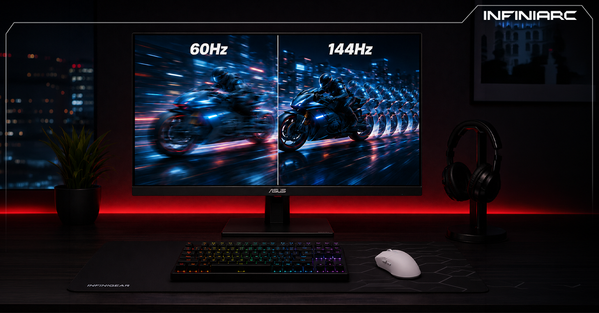 Gaming monitor comparing 60Hz and 144Hz refresh rates for smoother motion and improved gaming performance.