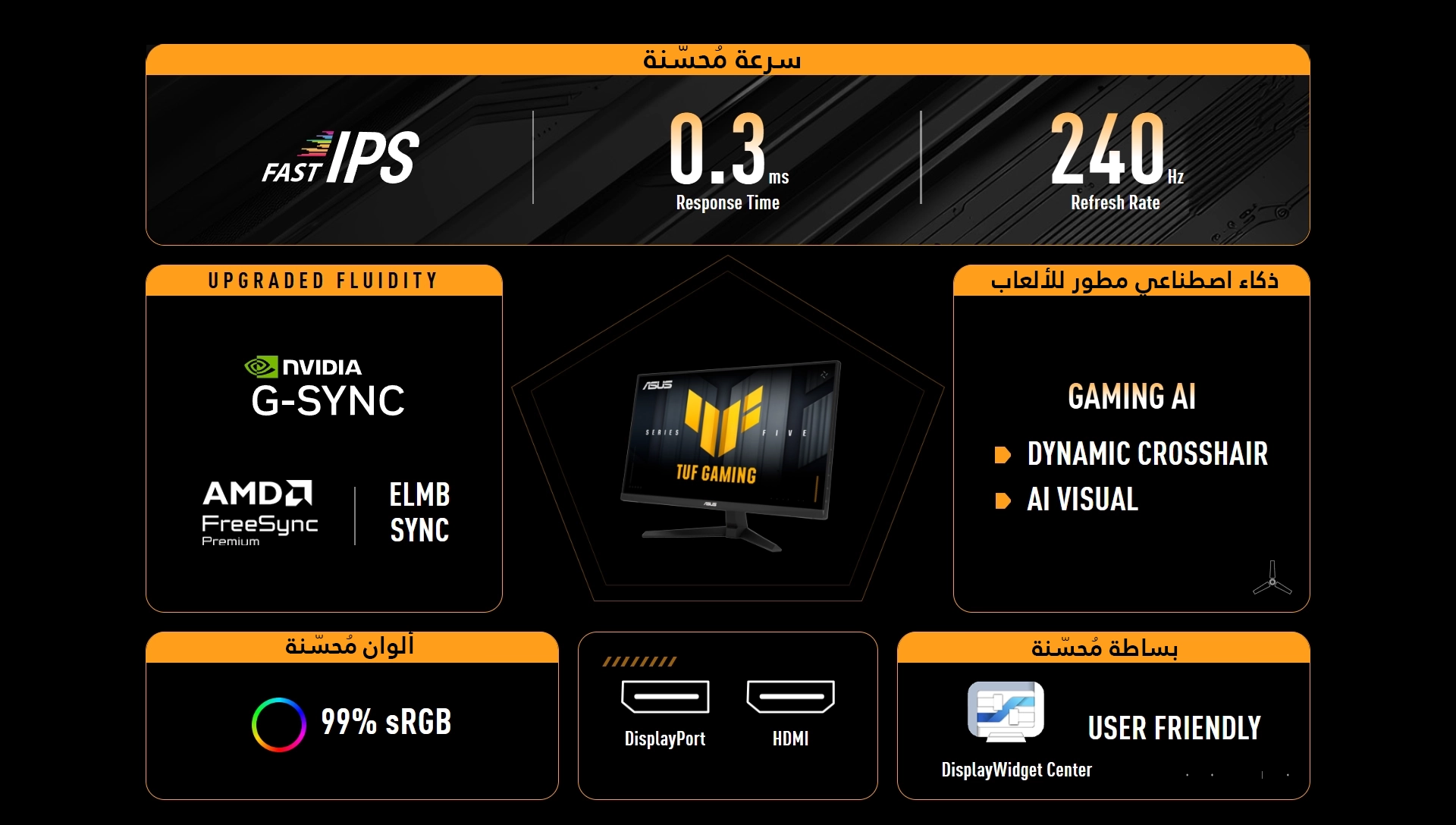 شاشة ASUS TUF Gaming Series 5 VG279QM5A-J مقاس 27 بوصة FHD (1920×1080) بتقنية Fast IPS، معدل تحديث 240Hz، زمن استجابة 0.3ms، تدعم AMD FreeSync Premium وNVIDIA G-Sync، لون أسود - إصدار Infiniarc