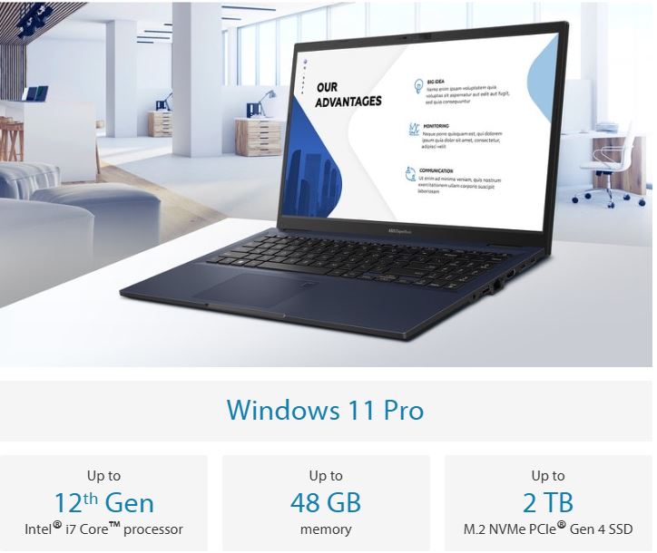 ASUS ExpertBook B1502, 15.6-Inch, Intel Core i7 -1255U Processor 1.7 GHz (up to 4.7 GHz), 8GB RAM, 512GB SSD, TYPE-C, Star Black Laptop (DOS - No windows)