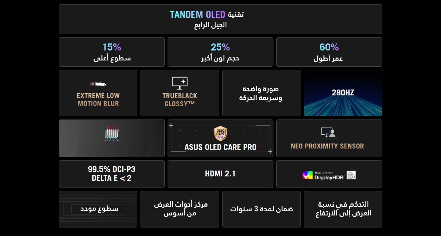 شاشة ألعاب ASUS ROG Strix XG27AQWMG مقاس 27 بوصة QHD (2560×1440) نوع TrueBlack Glossy Tandem OLED، معدل تحديث 280Hz، زمن استجابة 0.03ms، تدعم NVIDIA G-Sync وAMD FreeSync، لون أسود