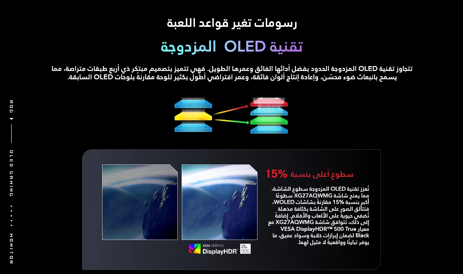 شاشة ألعاب ASUS ROG Strix XG27AQWMG مقاس 27 بوصة QHD (2560×1440) نوع TrueBlack Glossy Tandem OLED، معدل تحديث 280Hz، زمن استجابة 0.03ms، تدعم NVIDIA G-Sync وAMD FreeSync، لون أسود