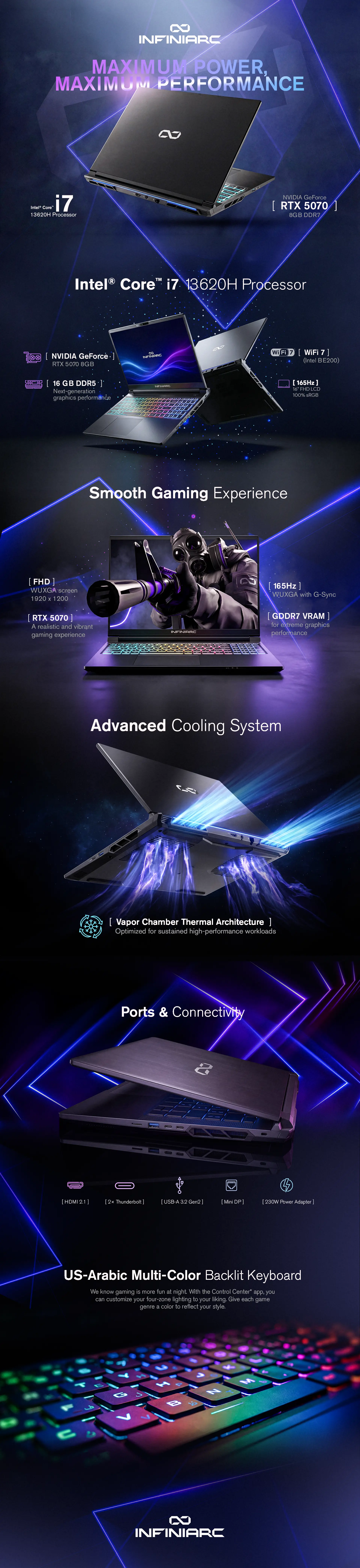 INFINIARC® RTX 5070 Gaming Laptop 16” QHD 240Hz | Core 9 270H, 8GB RTX 5070, DLSS 4
