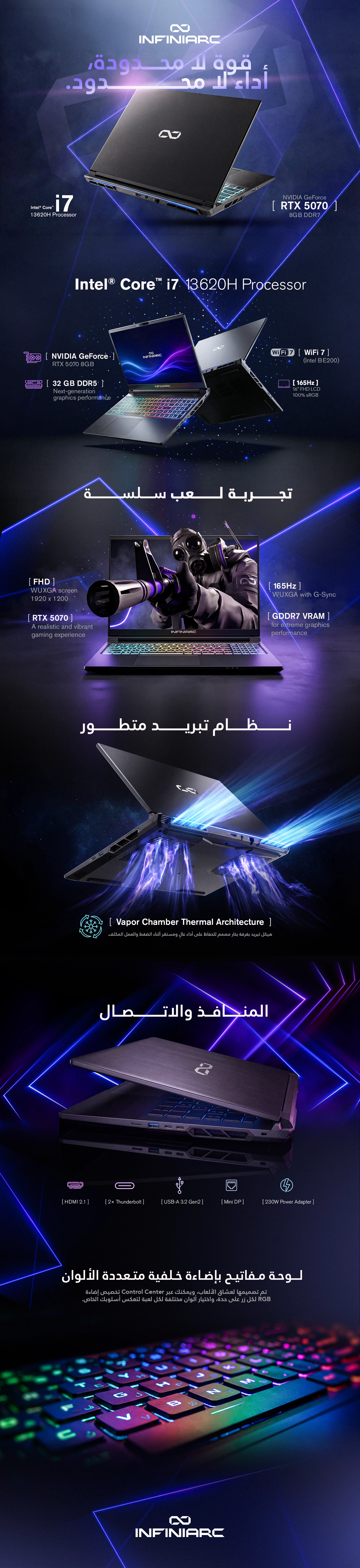 لابتوب قيمنق INFINIARC® RTX 5070 Ti شاشة 16 بوصة QHD 300Hz | Ultra 9 275HX وكرت RTX 5070 Ti 12GB