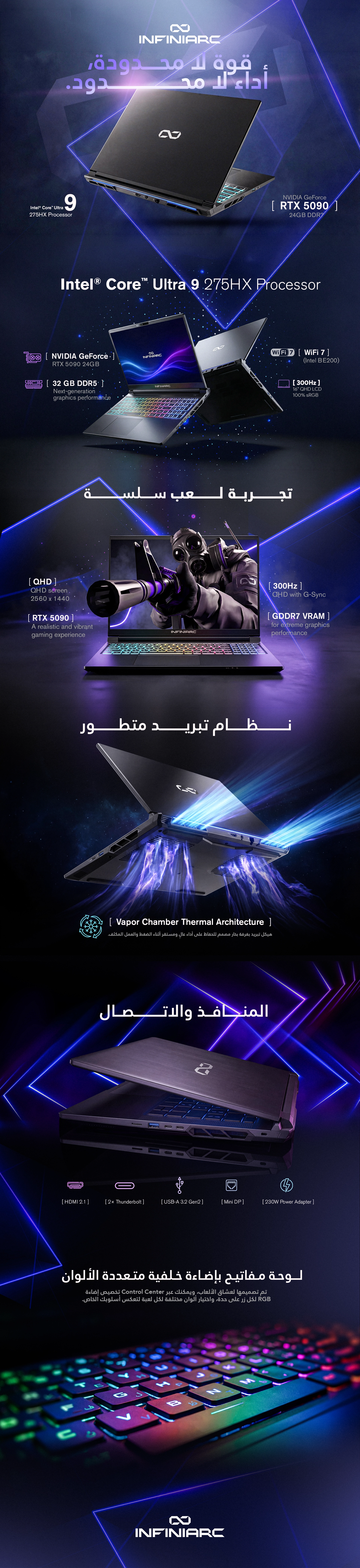 لابتوب ألعاب انفني ارك® مقاس 16 بوصة بدقة QHD، بمعالج Intel Core Ultra 9 275HX، كرت شاشة NVIDIA GeForce RTX 5090 بسعة 24GB DDR7، شاشة 300Hz، تغطية ألوان 100% sRGB، ذاكرة 32GB DDR5، تخزين 1TB PCIe M.2 SSD