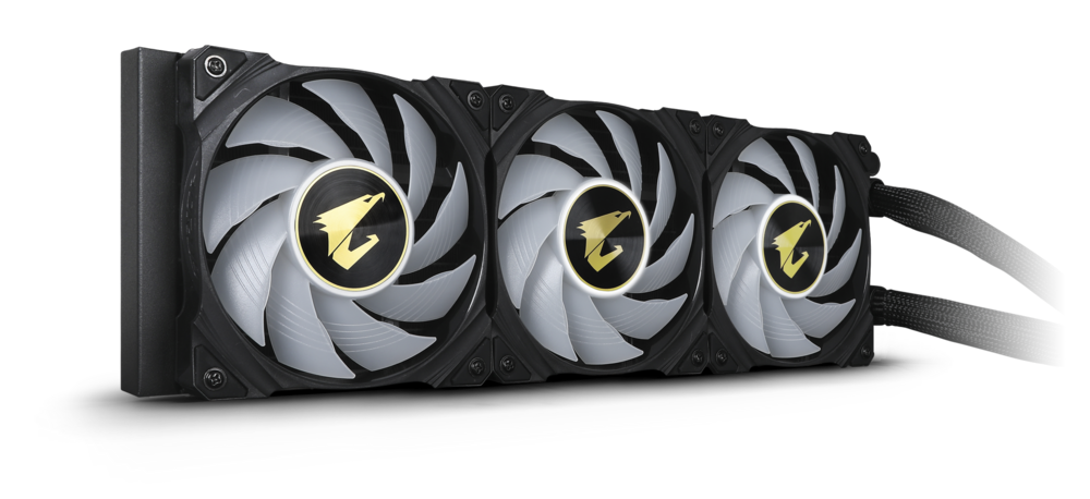 AORUS WATERFORCE X360, 360mm Radiator, Three 120mm Windforce PWM Fans, Fusion 2.0, Advanced RGB Lighting and Control.