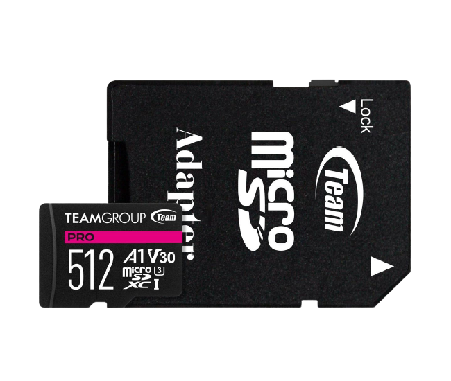 TEAM GROUP PRO V30 MICROSDXC MEMORY CARD 512GB, R/W (MAX) 100MB/S 90M (TPUSDX512GIV30A1P03)
