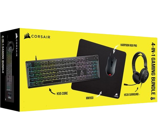 CORSAIR K55 CORE RGB Keyboard + HARPOON RGB Pro Mouse + MM100 Mouse Pad + HS35 V2 Headset Bundle