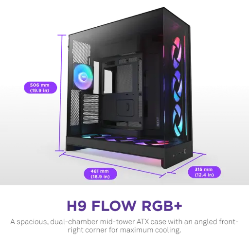 NZXT H9 Flow RGB+ Dual-Chamber ATX Mid Tower, 7 Built in fans Black Gaming Case