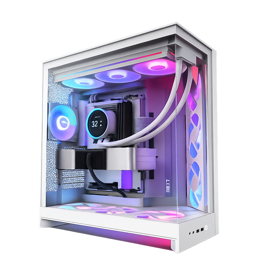 تجميعة بي سي قيمنق – كرت شاشة نفيديا RTX 5090 Asus ROG Astral Dhahab – معالج Intel Ultra 9 285K – لوحة أم ROG Strix Z890 – تبريد مائي ROG – ذاكرة 32GB DDR5 – كيس H9 RGB+ – إصدار أبيض