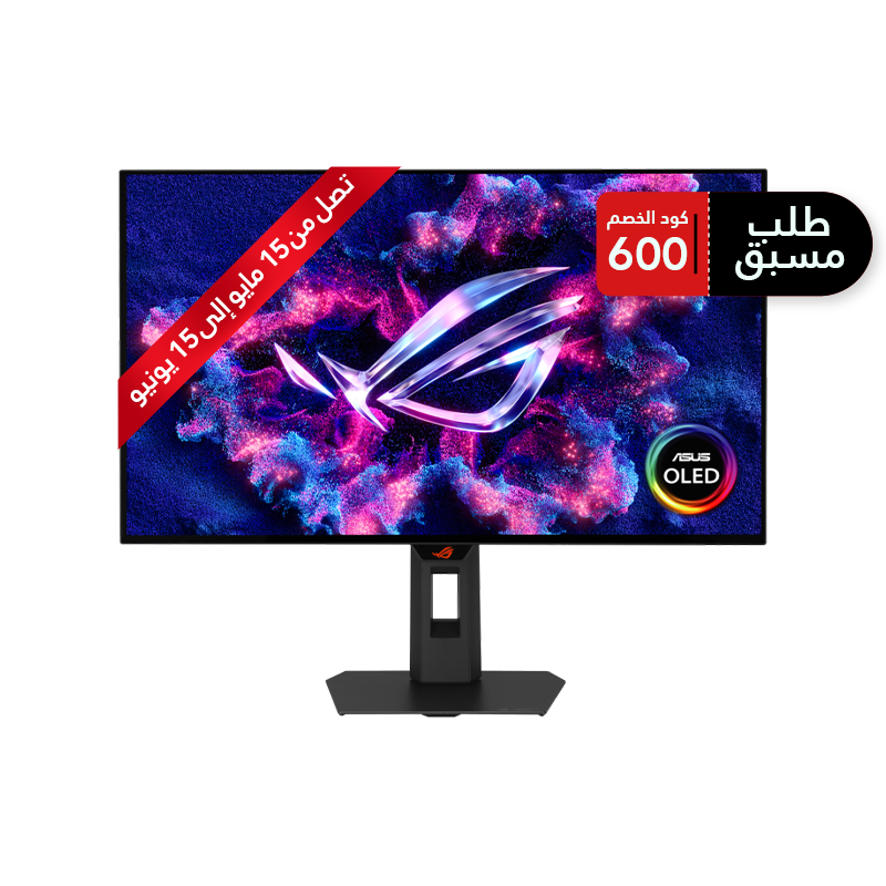 شاشة ألعاب Asus ROG Strix XG27AQWMG مقاس 27 بوصة، بدقة QHD ‏(2560 × 1440)، مزودة بلوحة OLED مزدوجة لامعة (TrueBlack Glossy Tandem)، بمعدل تحديث 280 هرتز، وزمن استجابة 0.03 مللي ثانية، وتدعم تقنيتي NVIDIA G-Sync و AMD FreeSync، باللون الأسود.  - طلب مسبق 