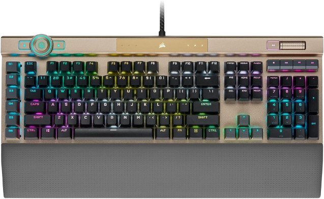 كيبورد ألعاب ميكانيكي كورسير K100 RGB مع مفاتيح بصرية ميكانيكية (Optical-Mechanical)، باللون الذهبي منتصف الليل، باللغة العربية (AR).