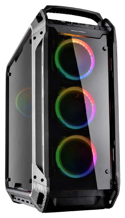 COUGAR Panzer Evo RGB، كيس ألعاب أسود من فئة Full Tower بمعيار ATX مع إضاءة RGB وواجهة زجاجية مقوّاة.