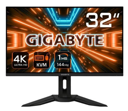 شاشة ألعاب جيجابايت M32U مقاس 31.5 بوصة، لوحة إس إس آي بي إس (SS IPS)، دقة فور كي الترا إتش دي (3840×2160)، معدل تحديث 144 هرتز، تدعم HDMI 2.1 وأدابتيف سينك (Adaptive Sync)، باللون الأسود.