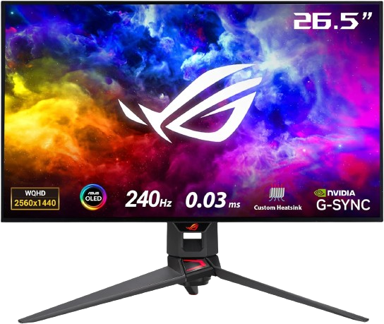 شاشة ألعاب أسوس روج سويفت PG27AQDM مقاس 27 بوصة، دقة 1440p OLED، معدل تحديث 240 هرتز، زمن استجابة 0.03 مللي ثانية، مضادة للتوهج.