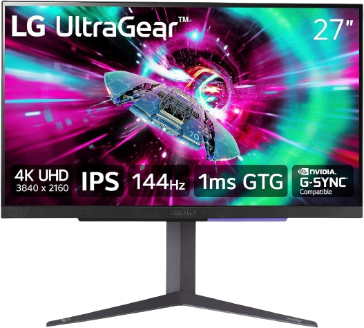 شاشة ألعاب إل جي UltraGear 27GR93U-B مقاس 27 بوصة، دقة فور كي الترا إتش دي (3840×2160)، لوحة آي بي إس (IPS)، زمن استجابة 1 مللي ثانية، معدل تحديث 144 هرتز، متوافقة مع نفيديا جي-سينك (NVIDIA G-SYNC).