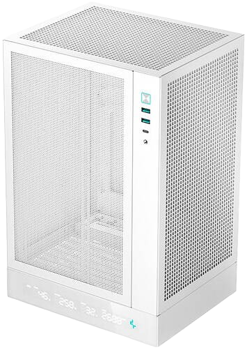 DeepCool CH170 Digital Vertical، كيس أبيض بمعيار Mini-ITX بتصميم عمودي مع شاشة رقمية.