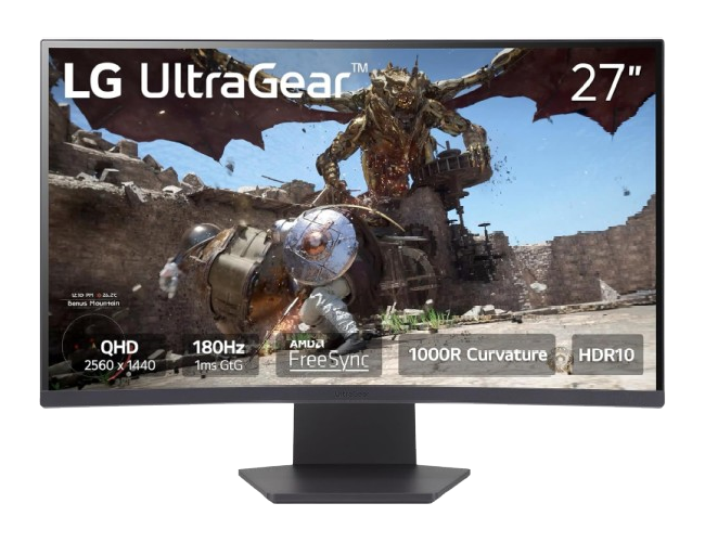 شاشة ألعاب إل جي UltraGear 27 بوصة بدقة 2560×1440 (QHD)، زمن استجابة 1 مللي ثانية (GTG)، لوحة في إيه (VA)، معدل تحديث 180 هرتز، مع فري سينك (FreeSync)، شاشة منحنية.