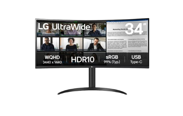 شاشة إل جي 34 بوصة دقة دبليو كيو إتش دي (WQHD) 3440×1440، شاشة منحنية، تدعم 99% sRGB و HDR10، معدل تحديث 100 هرتز، تصميم بلا حدود، مزودة بـ قاعدة قابلة للتعديل بنقرة واحدة، موديل 34WR55QK-B.