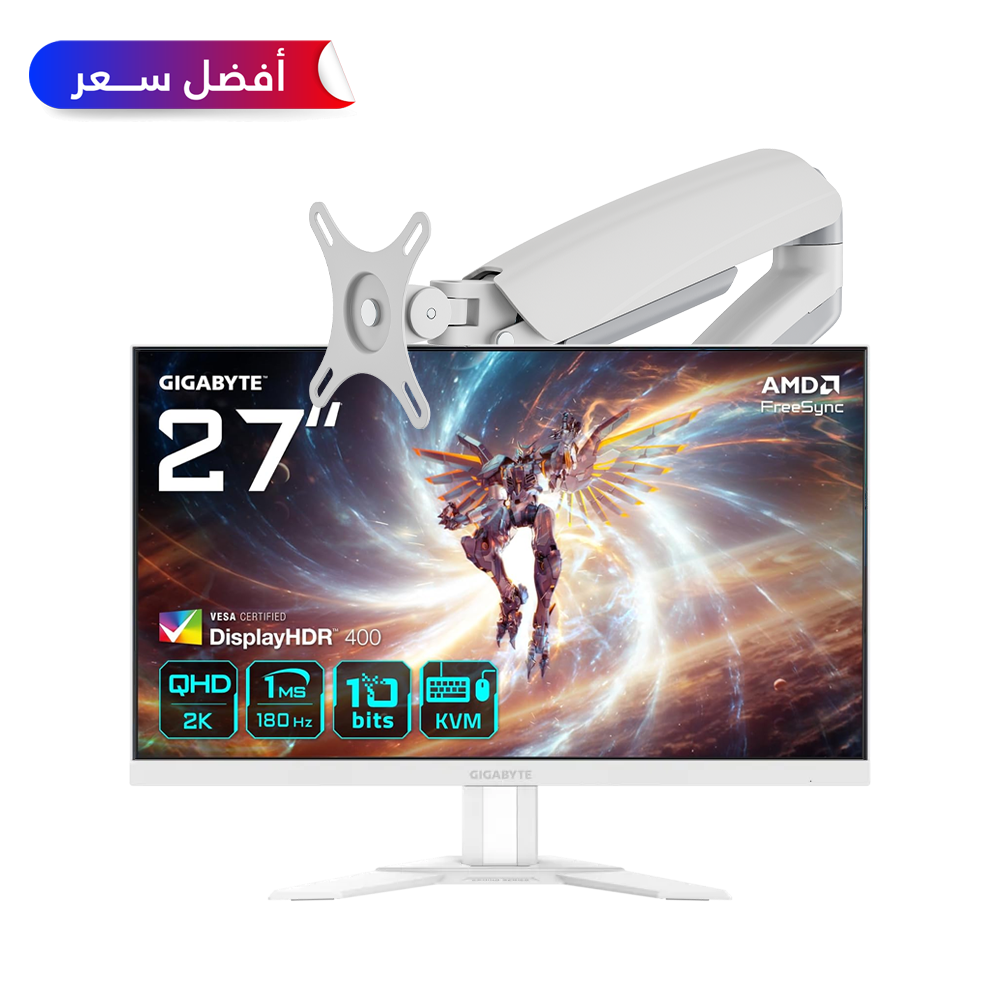 Gigabyte ICE, 27" QHD, 180Hz Monitor With White Single Mechanical Monitor Arm Bundle