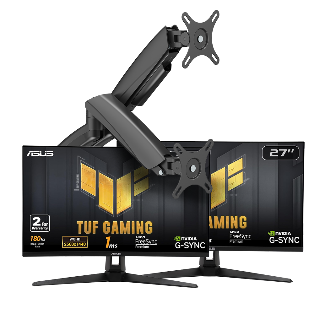 Dual Asus TUF 27-inch, QHD, 180Hz, Gaming monitor With Dual Mechanical Black Monitor Arm - INFINIARC edition Bundle