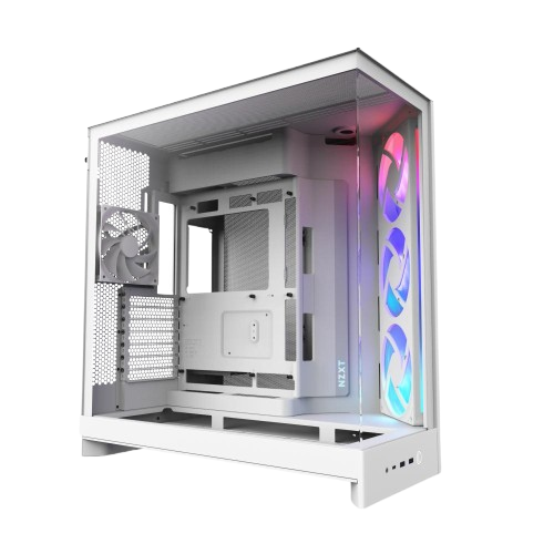 NZXT H9 Flow RGB، كيس ألعاب أبيض من فئة Mid Tower بمعيار ATX بتصميم ثنائي الحجرات مع إضاءة RGB.