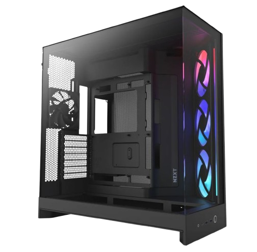 NZXT H9 Flow RGB، كيس ألعاب أسود من فئة Mid Tower بمعيار ATX بتصميم ثنائي الحجرات مع إضاءة RGB.
