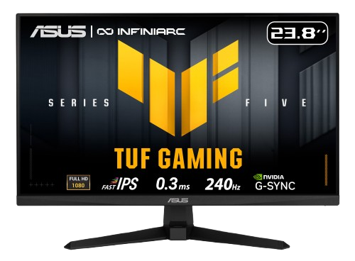 شاشة أسوس TUF Gaming Series 5، مقاس 23.8 بوصة، دقة FHD ‏(1920 × 1080)، لوحة Fast-IPS، معدل تحديث 240 هرتز، زمن استجابة 0.3 مللي ثانية، تدعم G-SYNC وAMD FreeSync، تغطية ألوان 99% sRGB - إصدار Infiniarc (الموديل VG249QM5A-J).
