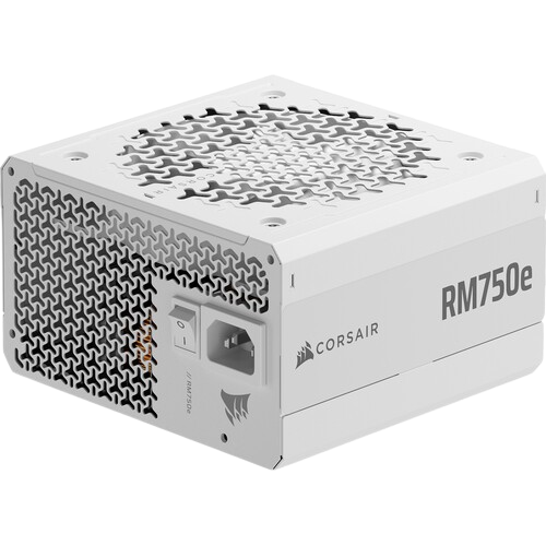 مزود طاقة CORSAIR RM750e، قدرة 750 واط، كفاءة Gold، كامل التوصيل، تشغيل هادئ، لون أبيض (ATX)