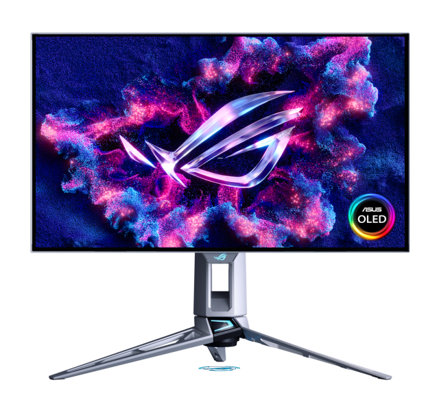 شاشة ألعاب ASUS ROG Swift مقاس 27 بوصة، بدقة QHD، بتقنية Tandem OLED، تدعم الوضع المزدوج (QHD عند 540 هرتز، وHD عند 720 هرتز)، زمن استجابة 0.02 مللي ثانية (GTG)، بسطح لامع TrueBlack، باللون الأبيض.