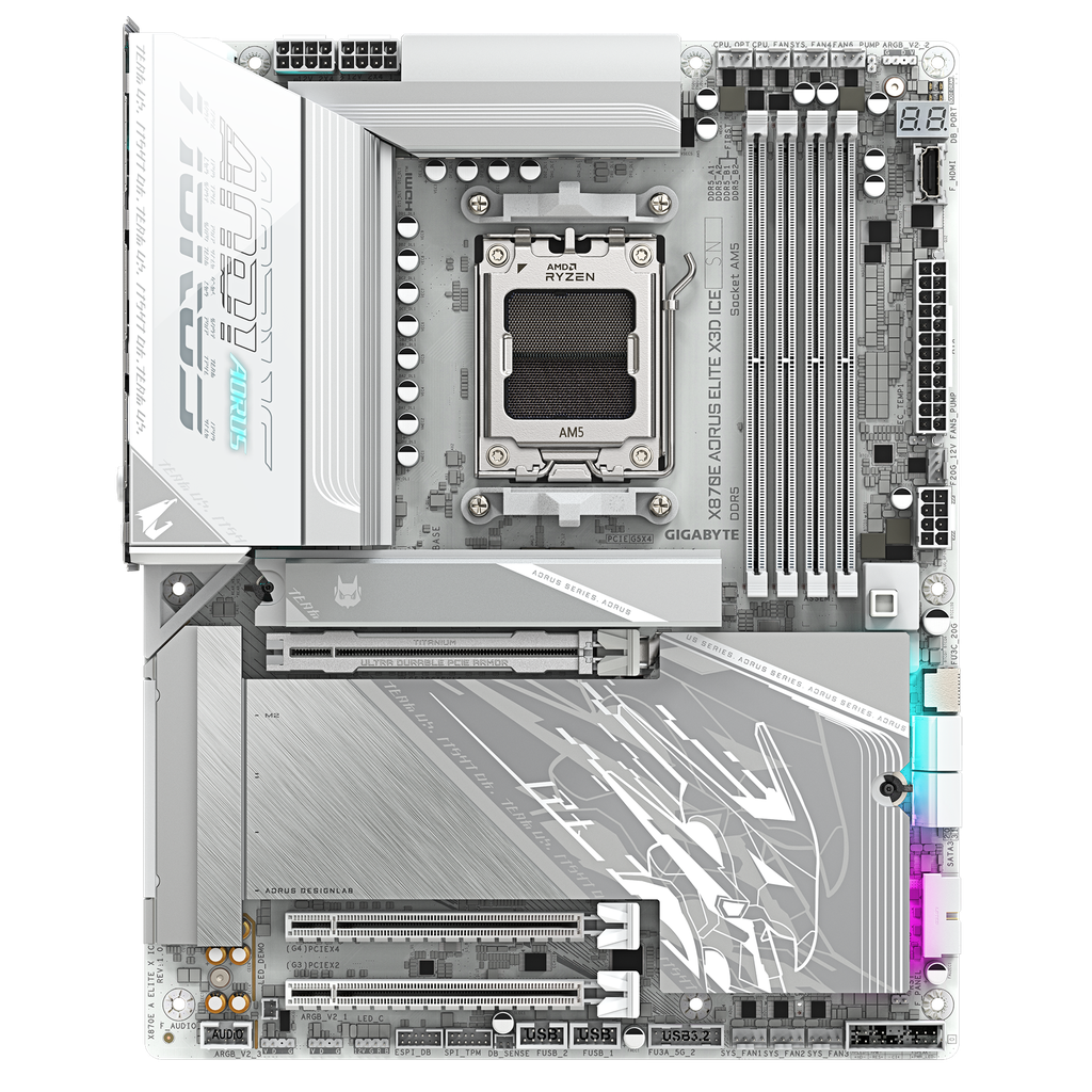 لوحة أم Gigabyte X870E AORUS ELITE X3D ICE، تدعم معالجات AMD AM5، ذاكرة DDR5، بحجم ATX، لون أبيض ICE، مع WiFi 7.
