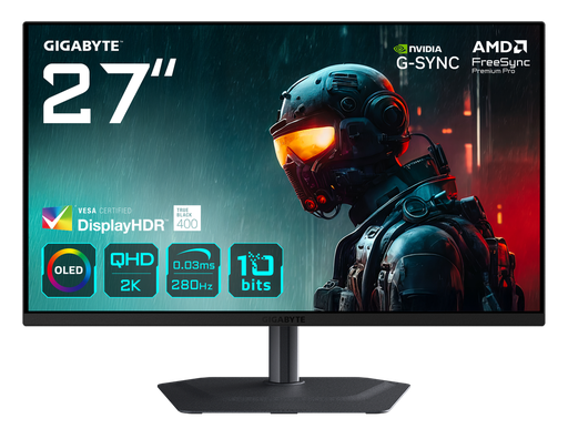 Gigabyte MO27Q2A, 27'' (2560 x 1440) QD-OLED, 2K QHD, 280Hz, 0.03ms, HDR400 True Black, FreeSync, G-Sync Compatible, Gaming Monitor