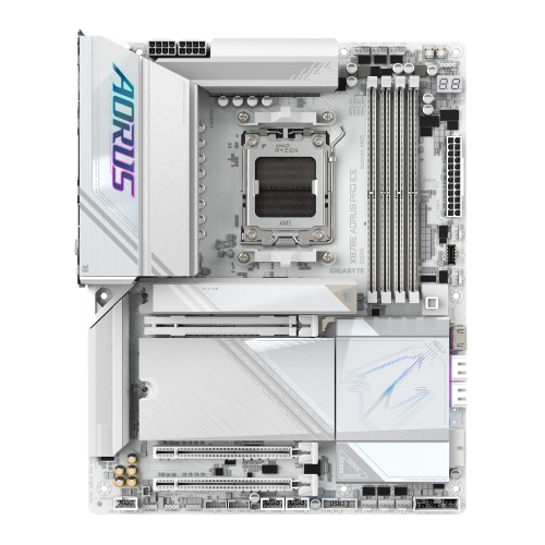 لوحة أم Gigabyte X870E AORUS PRO ICE بحجم ATX، تدعم مقبس AM5، مزودة باتصال Wi-Fi، وذاكرة DDR5، باللون الأبيض