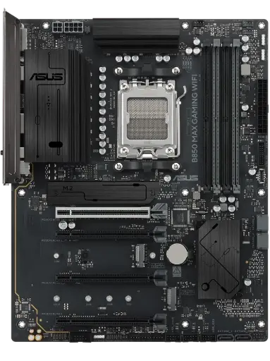 لوحة أم ASUS B850 MAX GAMING WIFI باللون الأسود بحجم ATX، تدعم معالجات AMD بمقبس AM5