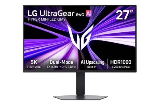 LG UltraGear 27 Inch evo AI GM9, Hyper Mini LED, Dual Mode 5K 165Hz/ QHD 330Hz, Gaming Monitor 