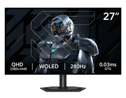 شاشة الألعاب GIGABYTE MO27Q28GR مقاس 27 بوصة، بدقة QHD 2560×1440، ولوحة W-OLED، ومعدل تحديث 280Hz، وزمن استجابة 0.03ms (GTG)، مع دعم AMD FreeSync Premium Pro وNVIDIA G-SYNC Compatible، ومفتاح KVM عبر Type-C، ومنافذ HDMI وDisplayPort وUSB Type-C.