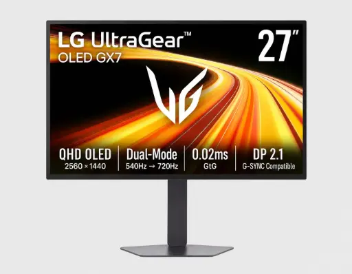 شاشة ألعاب إل جي ألترا جير مقاس 27 بوصة، OLED، بدقة QHD ومعدل تحديث 540 هرتز أو HD بمعدل 720 هرتز، زمن استجابة 0.02 مللي ثانية، متوافقة مع G-Sync، باللون الأسود.