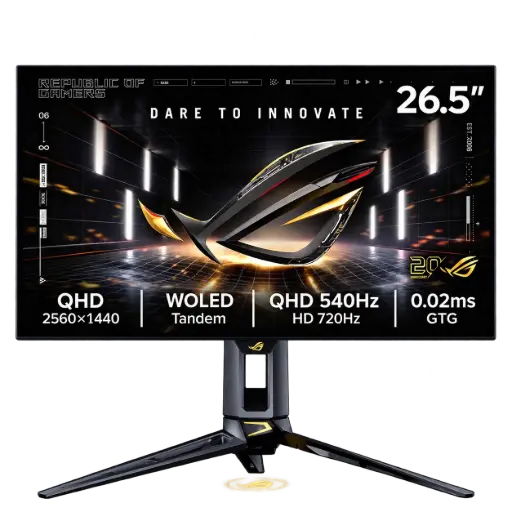 شاشة الألعاب ASUS ROG Swift OLED PG27AQWP-G Edition 20 مقاس 26.5 بوصة، بدقة QHD، ولوحة Tandem OLED، مع وضع مزدوج QHD بتردد 540Hz / HD بتردد 720Hz، وزمن استجابة 0.02ms (GTG)، وسطح TrueBlack Glossy، باللونين الأسود والذهبي