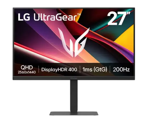 شاشة الألعاب LG UltraGear™ G6 مقاس 27 بوصة، بدقة QHD، ومعدل تحديث 200Hz، وزمن استجابة 1ms، مع دعم HDR 400 وAMD FreeSync Premium.