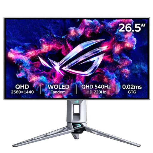 شاشة الألعاب ASUS ROG Swift PG27AQWP-W مقاس 26.5 بوصة، بدقة QHD، بلوحة Tandem OLED، ووضع مزدوج QHD بتردد 540Hz / HD بتردد 720Hz، وزمن استجابة 0.02ms (GTG)، مع سطح TrueBlack Glossy، باللون الأبيض.