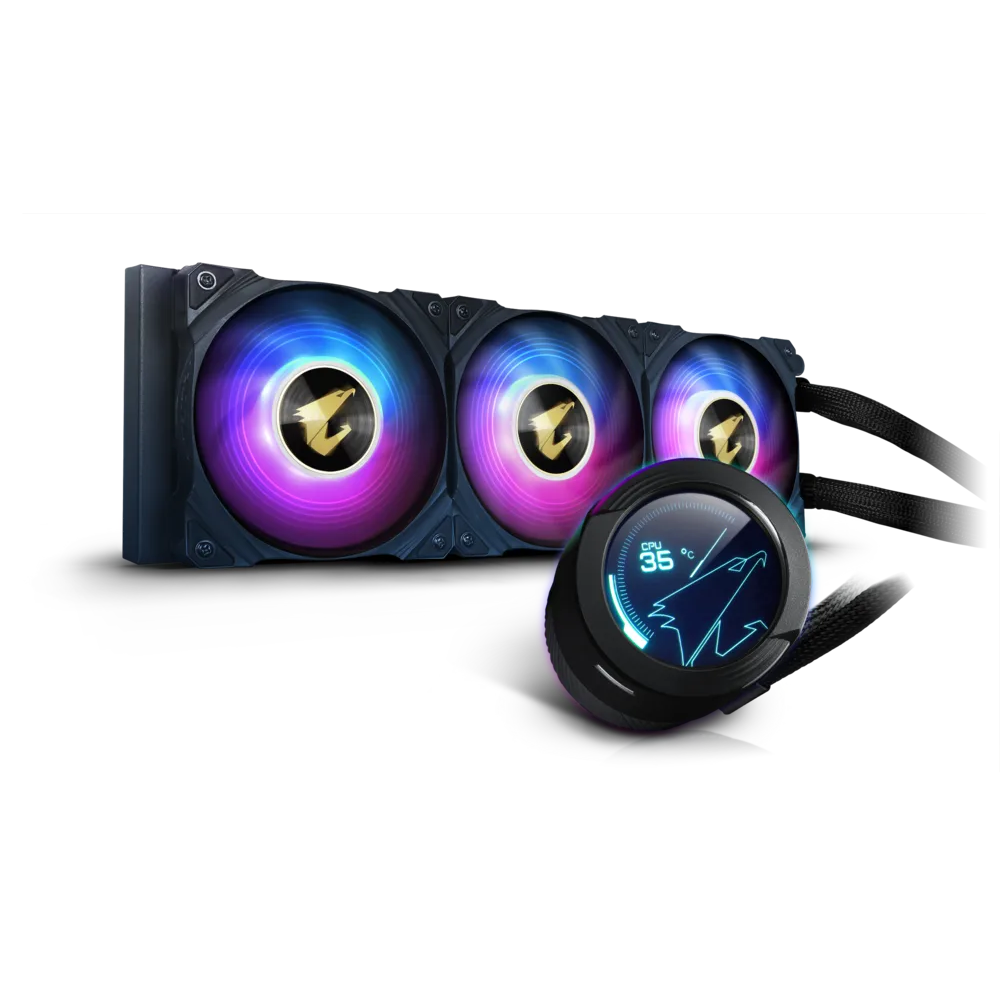 AORUS WATERFORCE X 360 AIO Liquid CPU Cooler, Rotatable Circular LCD Display with Micro SD Support, 360mm Radiator with 3X 120mm Low Noise ARGB Fans, Compatible with Intel LGA1700, 12 Volts
