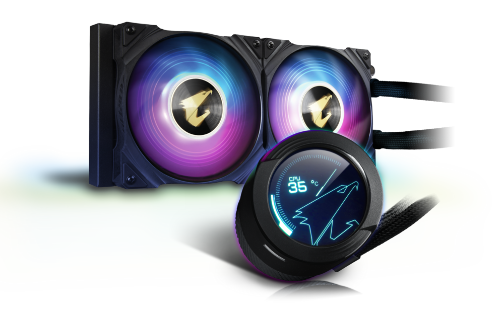 AORUS WATERFORCE X 240, 240mm Radiator, Dual 120mm Windforce PWM Fans, Fusion 2.0, Advanced RGB Lighting and Control.